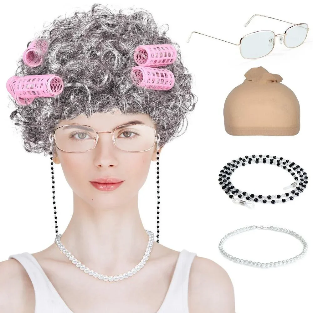 Old Lady Costume Set Gray Wig Glasses Pearl Necklace Cosplay Halloween